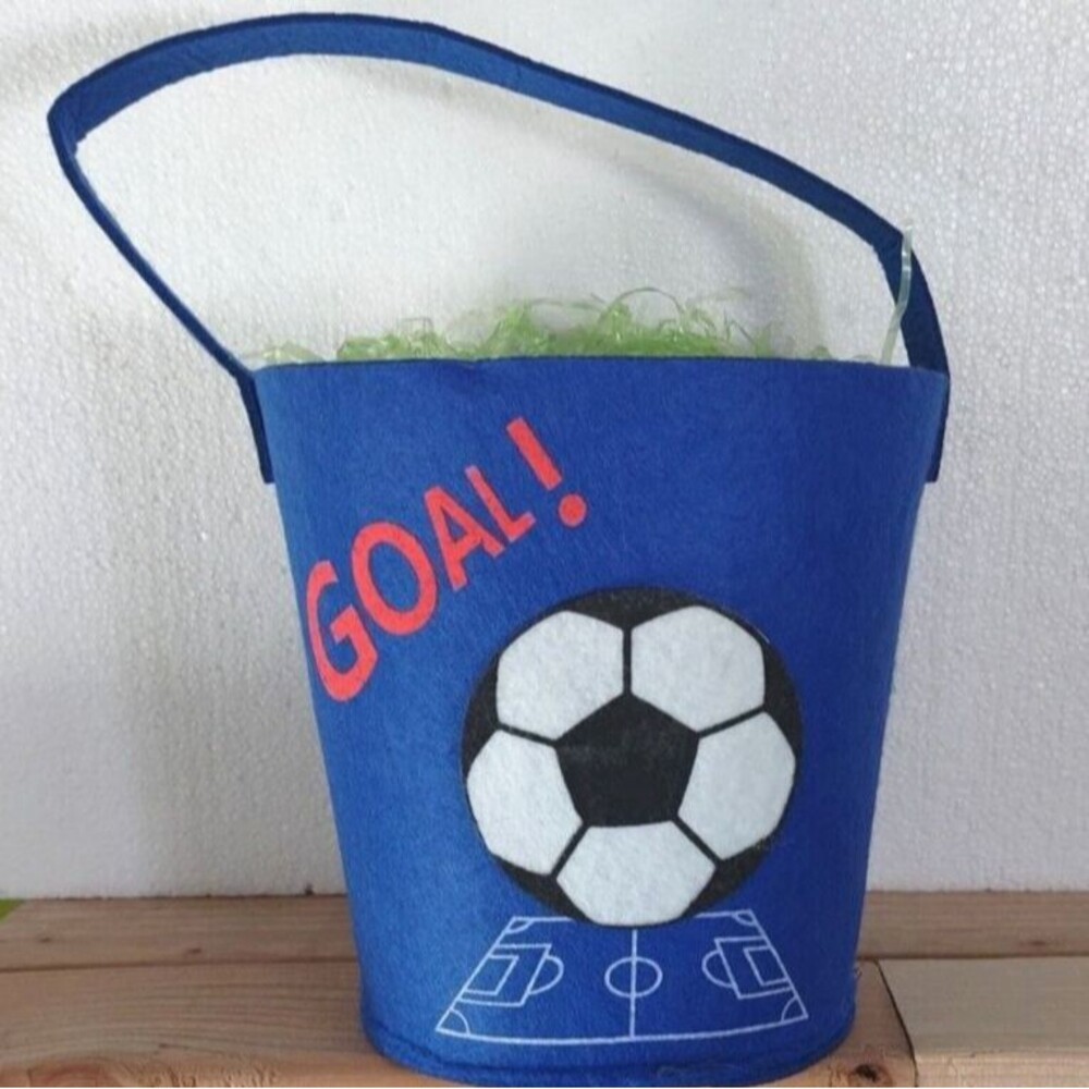 GOAL Blue Soccer Easter Bucket Tote Felt One Size Spring Gift Plastic Grass Fill